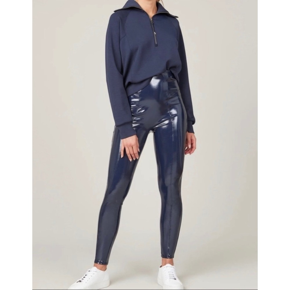Spanx Faux Patent Leather Leggings Port Navy XS 20301Q High Shine Blue